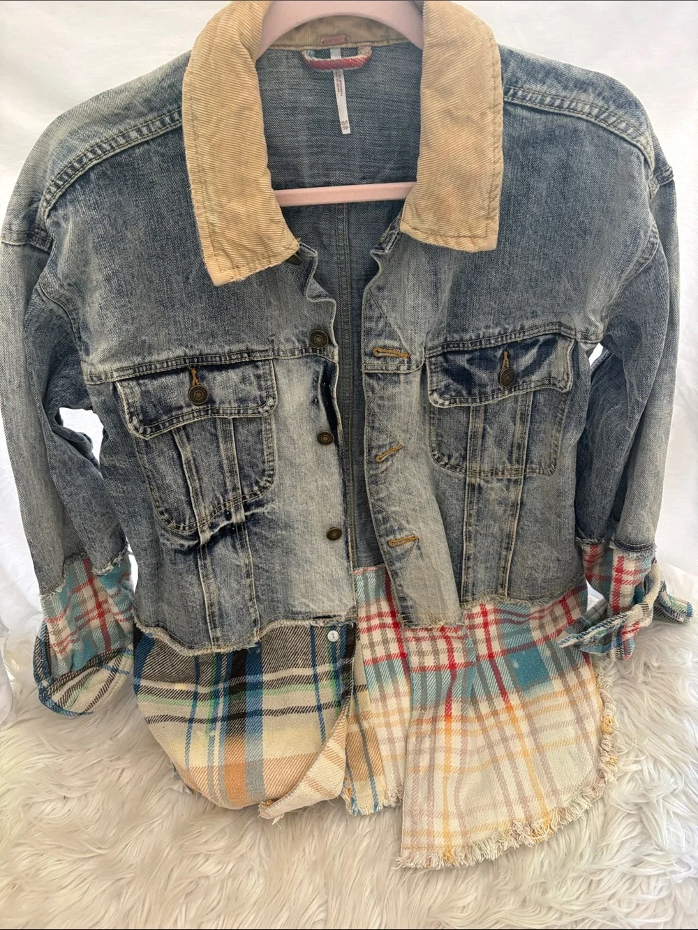 Free People Blue Denim Jacket with Tan Collar and Multicolor Plaid Hem - Picture 4 of 9
